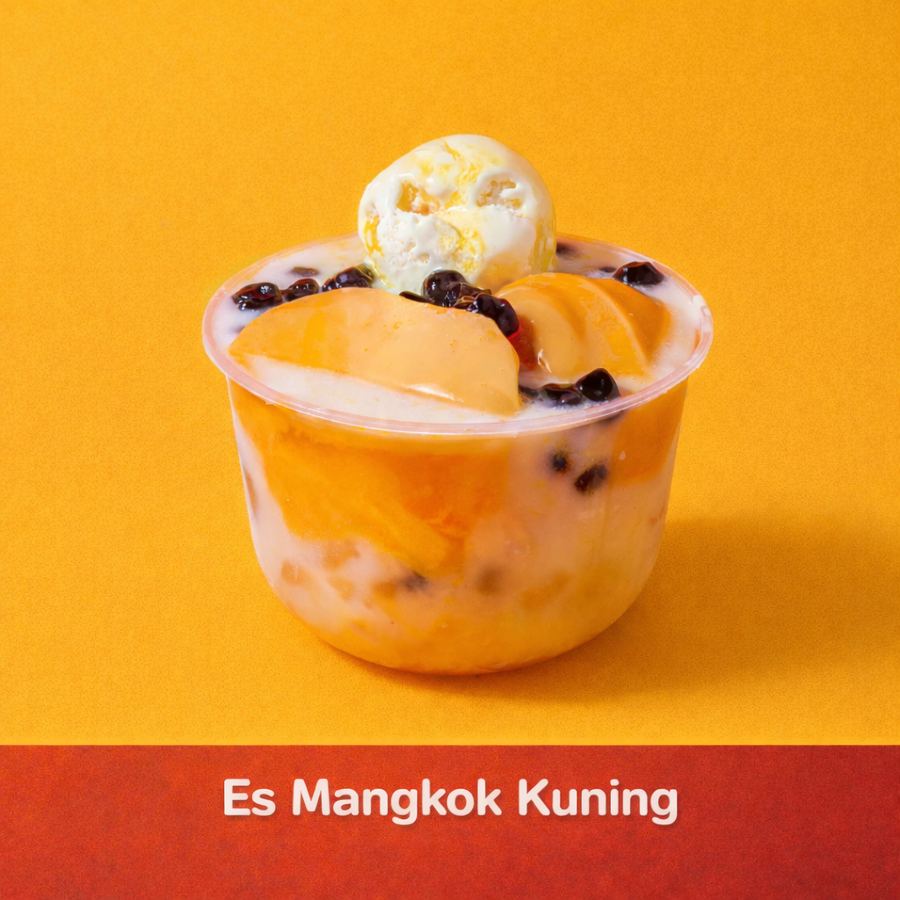 Foto Puding Sutra Mangga, bobba, dan es krim Vanilla dalam kuah santan