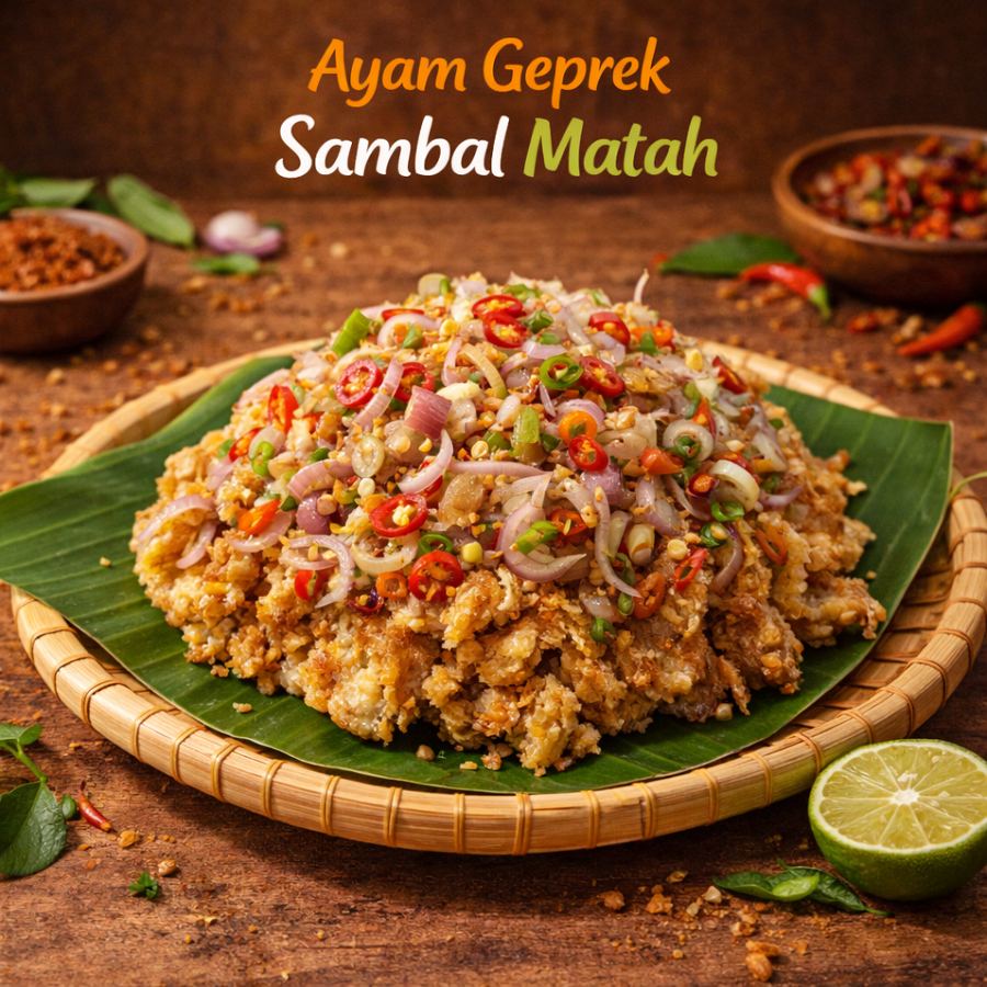Foto ayam geprek original digeprek dengan tambahan sambal matah khas Bali (lv 0-7)
