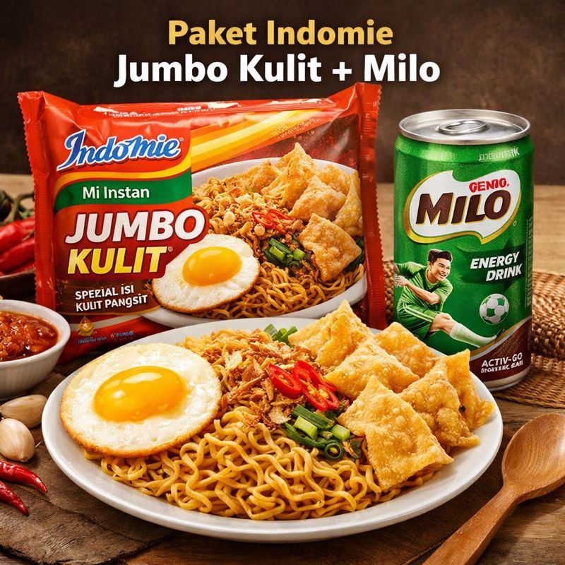 Foto Tumpuk kebahagiaan kamu pake indomie goreng jumbo + kulit crispy agj ! free milo