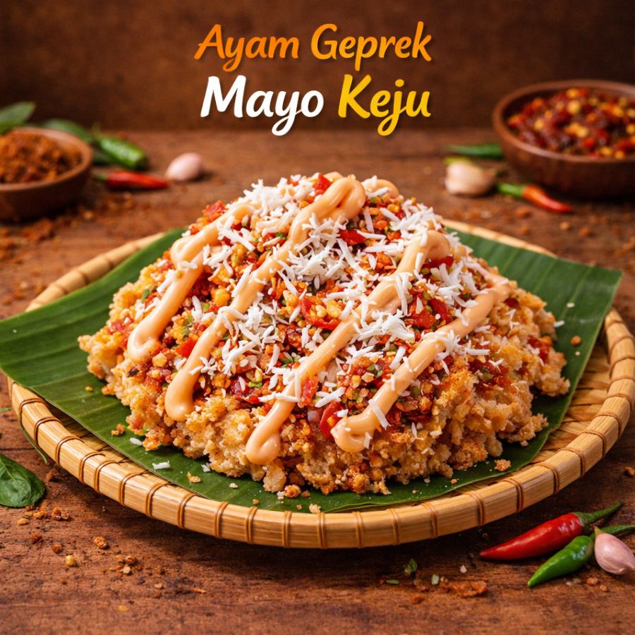 Foto Ayam geprek original digeprek dengan tambahan dressing saus mayonnaise dan keju parut diatasnya (lv 0-7)