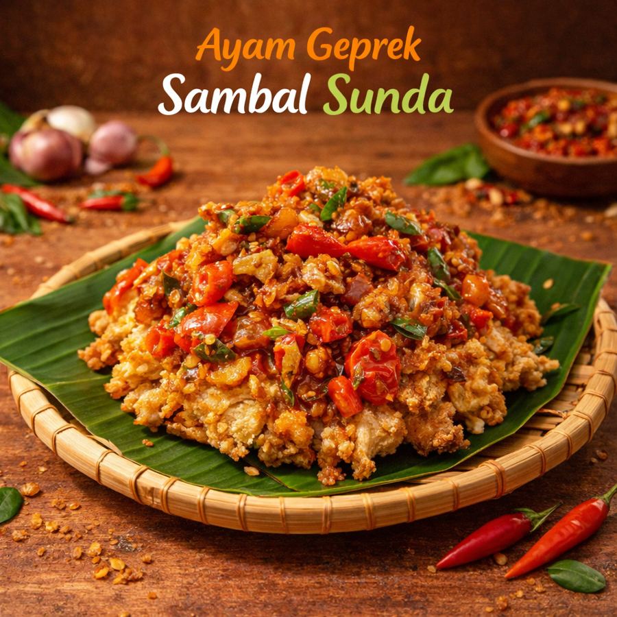 Foto ayam geprek original digeprek dengan tambahan sambal mentah khas sunda yang memakai terasi dan tomat segar (lv 0-7)