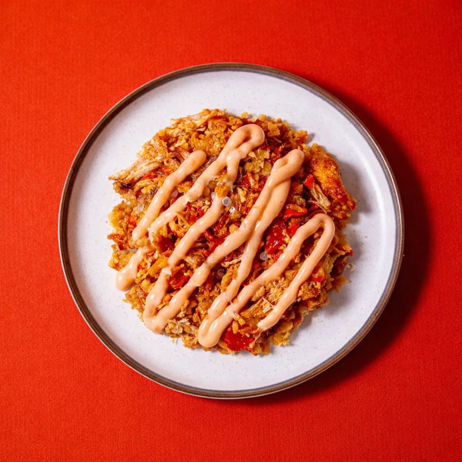 Foto Ayam geprek original digeprek dengan tambahan dressing saus mayonnaise pedas diatasnya (lv 0-7)