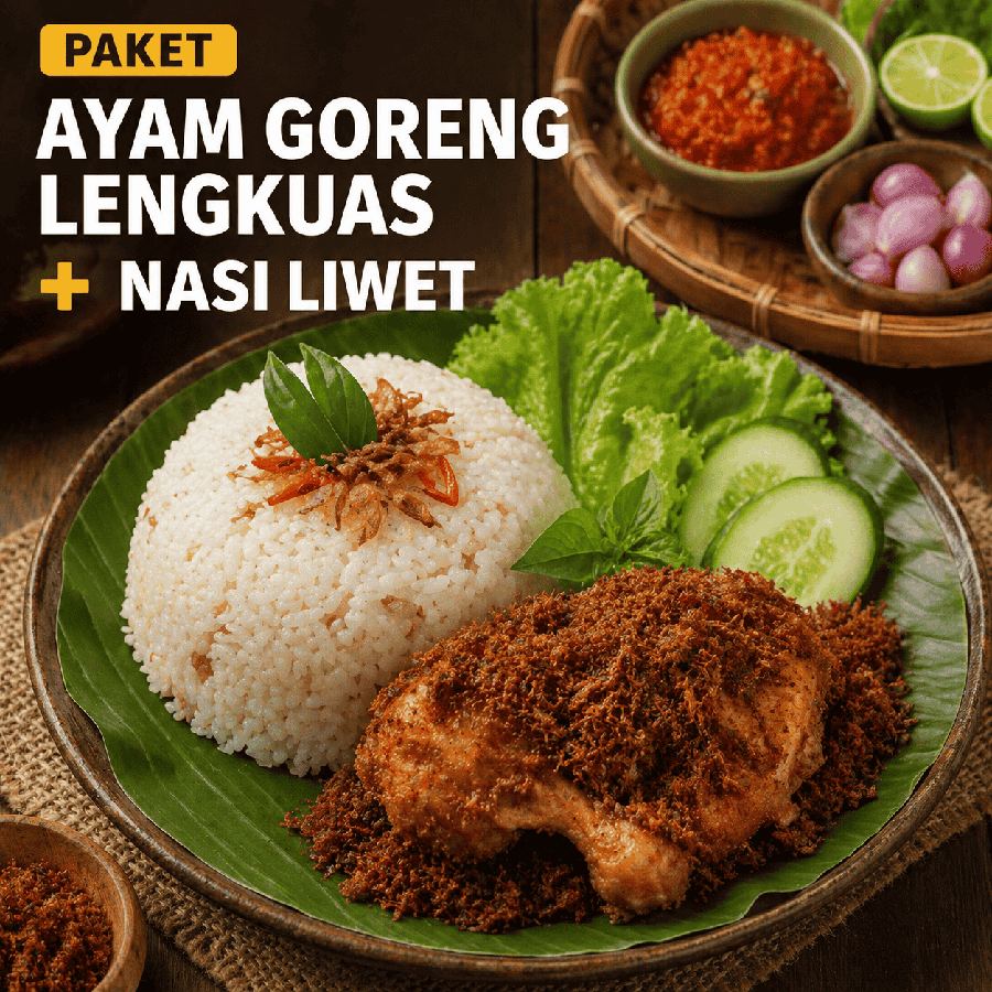 Foto Paket Ayam Goreng Lengkuas dengan nasi liwet, lalap, sambal, tahu, dan tempe