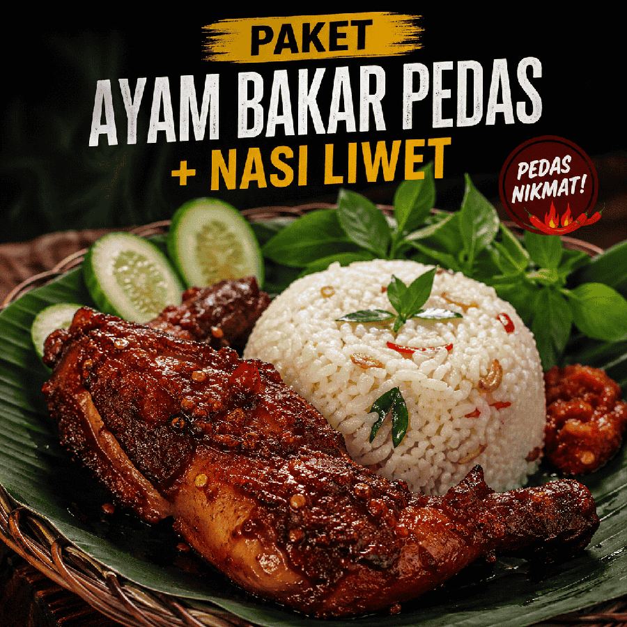 Foto Paket Ayam Bakar Pedas dengan nasi liwet, lalap, sambal, tahu, dan tempe