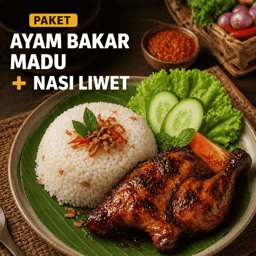 Foto Paket Ayam Bakar Madu dengan nasi liwet, lalap, sambal, tahu, dan tempe