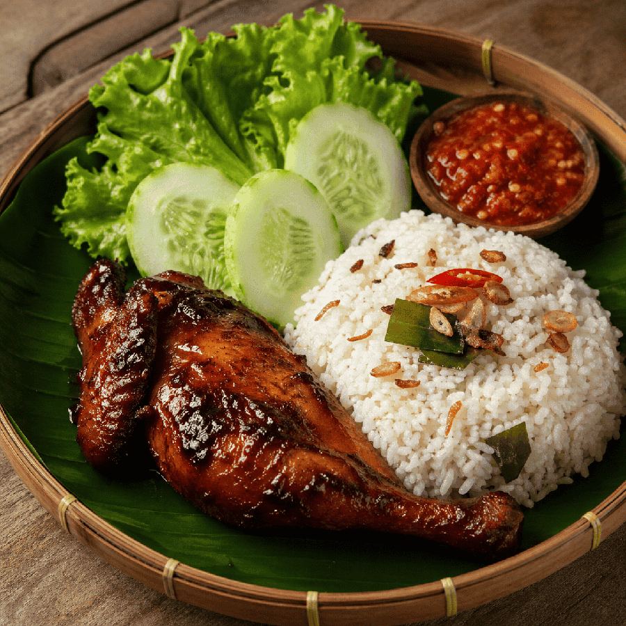 Foto Ayam Bakar Madu dengan nasi liwet, lalap, sambal, tahu, dan tempe