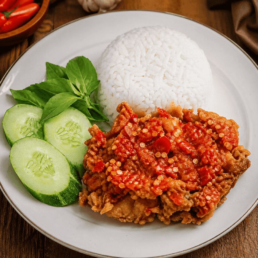 Foto Ayam Geprek dengan nasi, lalap, sambal, tahu, dan tempe