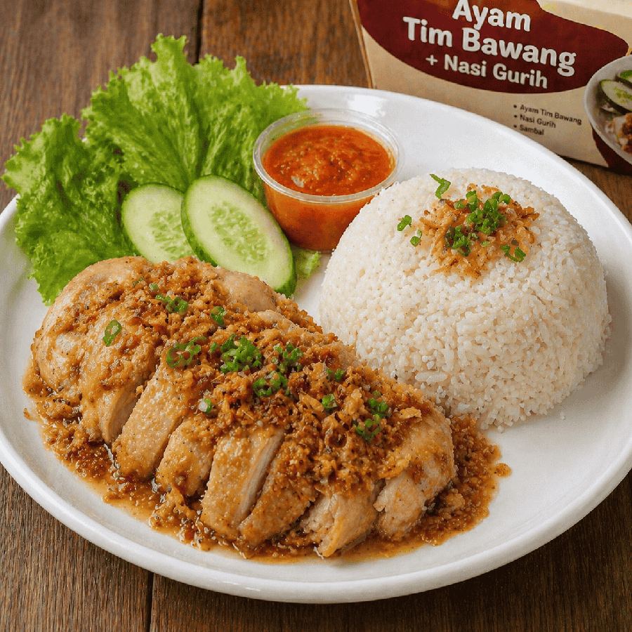 Foto Paket Ayam Tim Bawang dengan nasi gurih, lalap, dan sambal