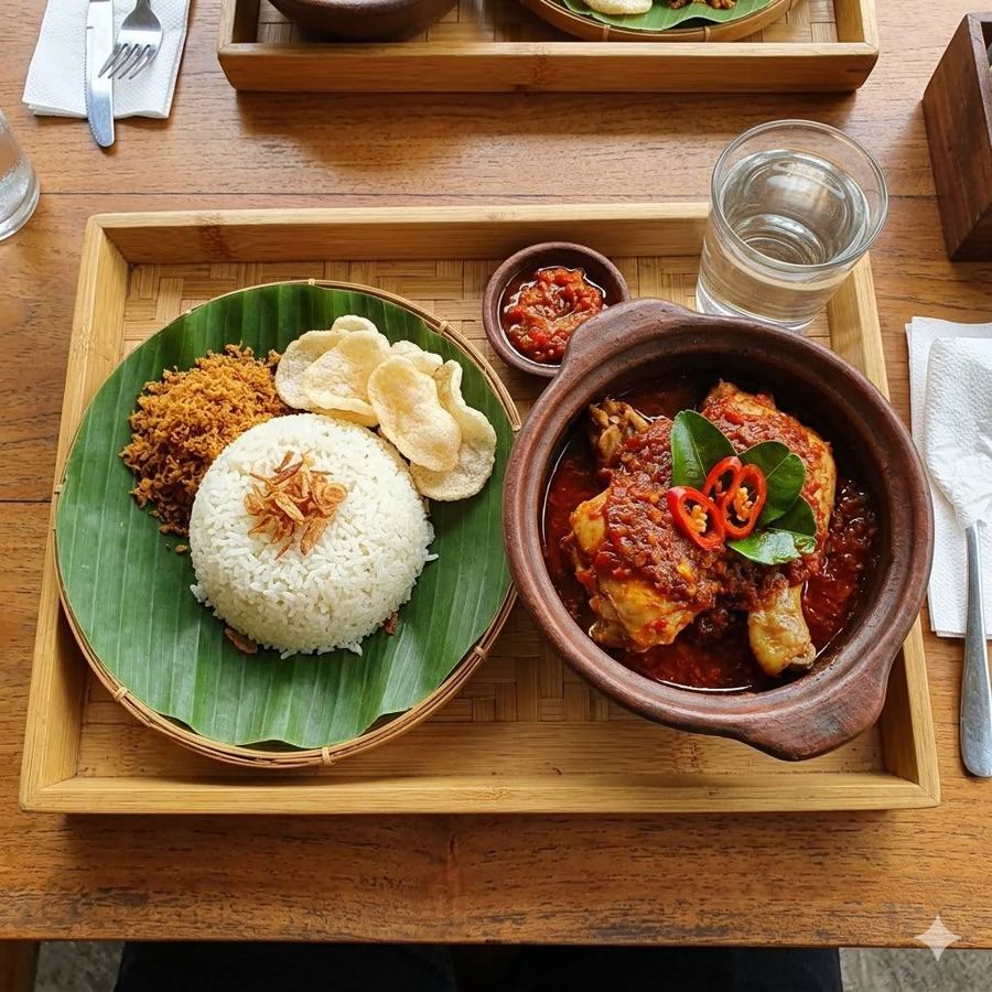 Foto Paket Ayam Tim Pedas dengan nasi gurih, lalap, dan sambal