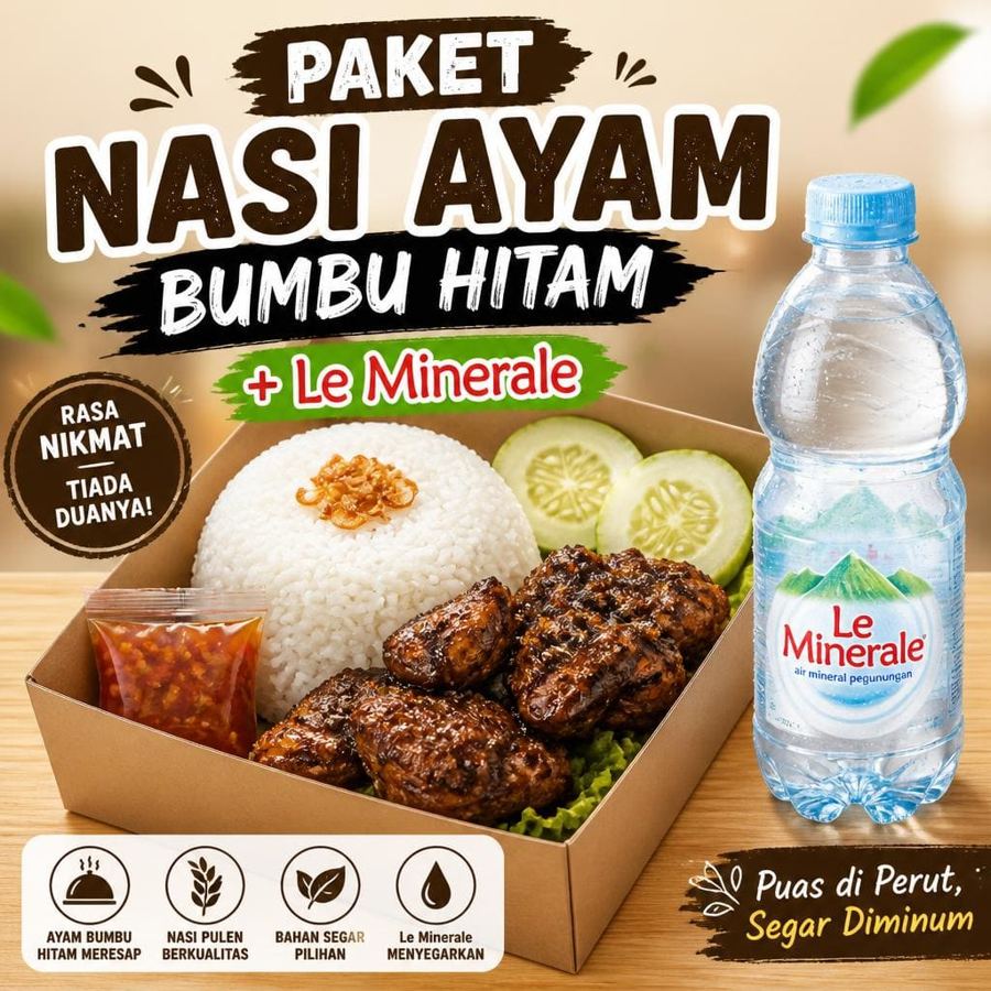 Foto Paket Nasi Ayam Bumbu Hitam Le Minerale dari Bakso Lapangan Tembak Senayan