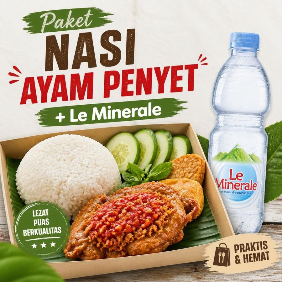 Foto Paket Nasi Ayam Penyet Le Minerale dari Bakso Lapangan Tembak Senayan