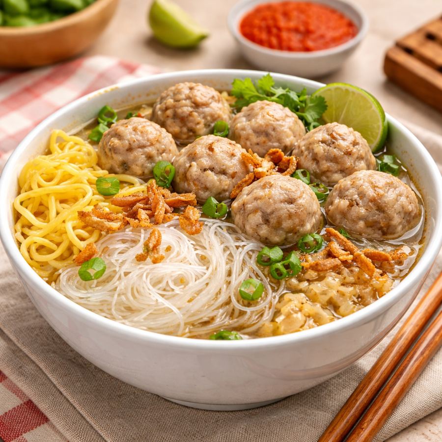Foto Bakso dengan soun bihun mie kuning