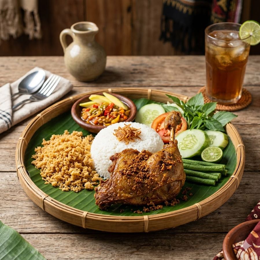 Foto Menu Bebek Sinjay dengan bebek goreng, kremes, dan sambal pencit