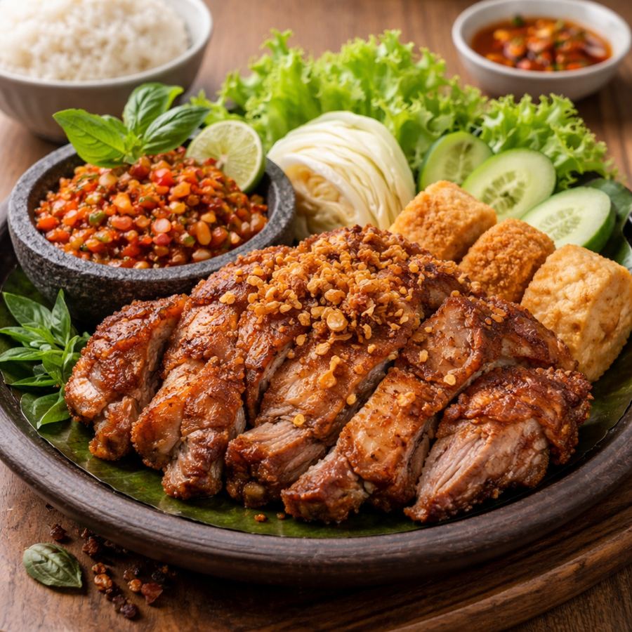 Foto Babi Penyet Jumbo Eat and Eat – paha babi goreng dengan lalapan dan sambal