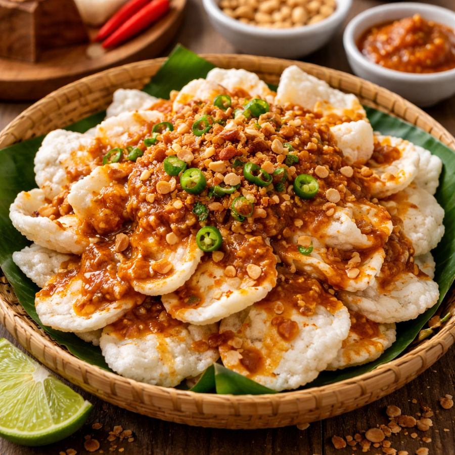 Foto Kerupuk Eat and Eat – kerupuk asinan dengan siraman bumbu kacang dan gula merah