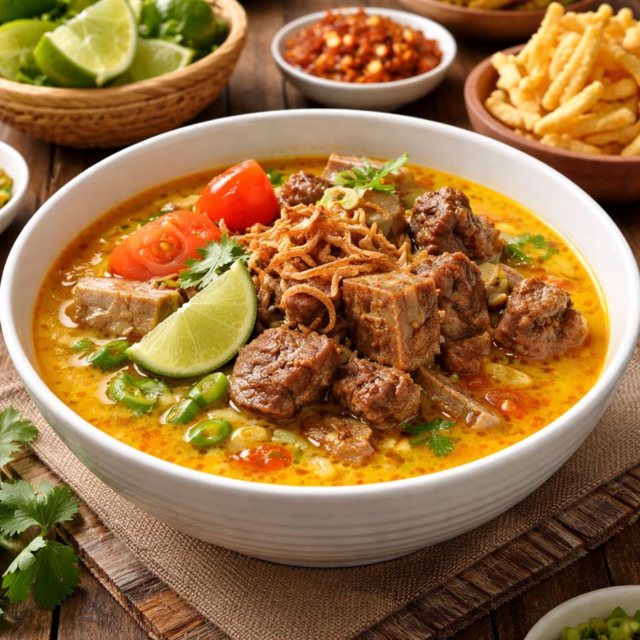 Foto Soto Tangkar Eat and Eat – soto dengan potongan daging sapi, paru, kikil, dan tomat