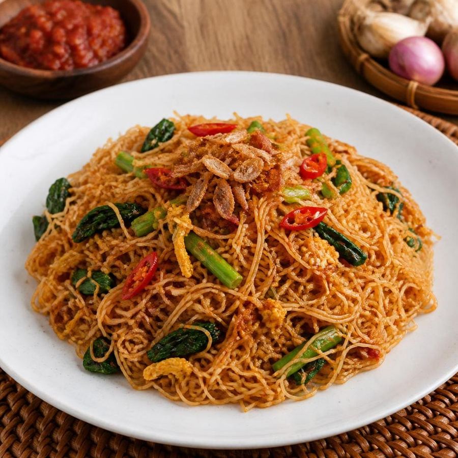 Foto Bihun Goreng Sambal Terasi Es Teler 77 dengan telur orak-arik dan acar