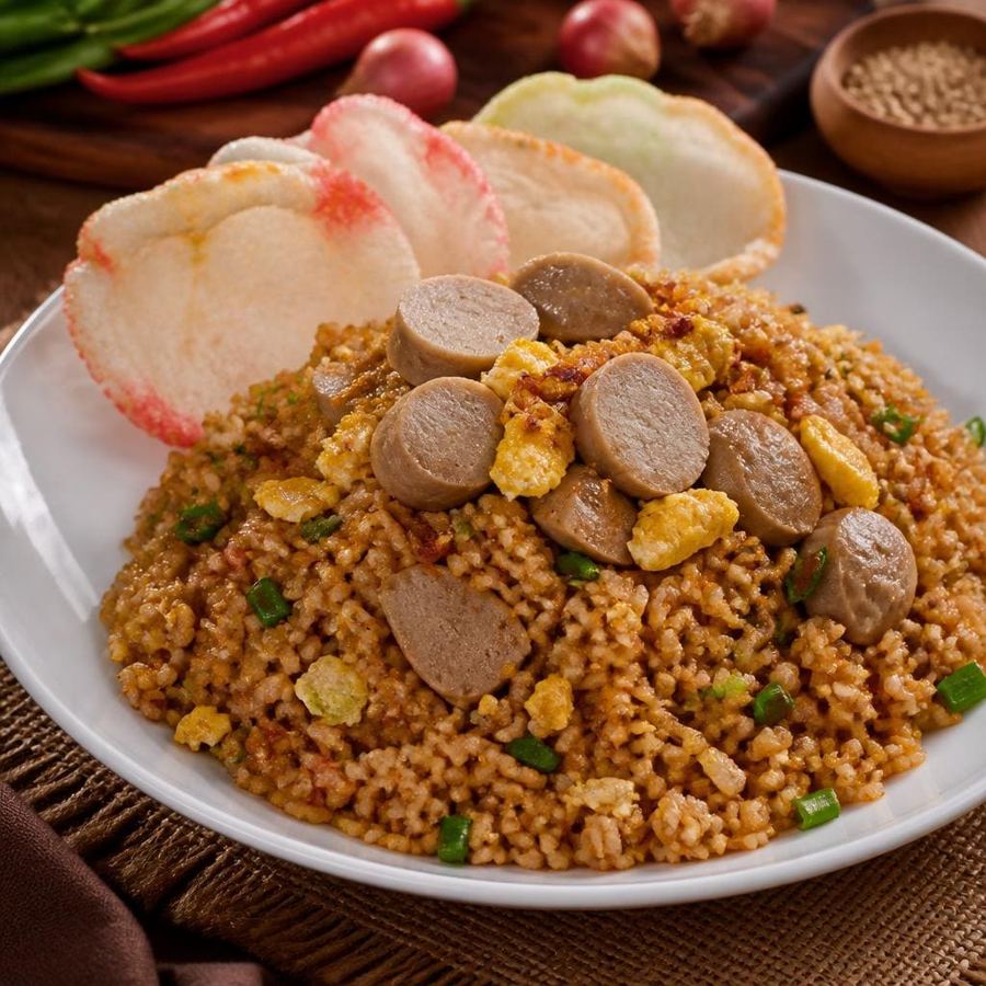 Foto Nasi Goreng Juara Es Teler 77 dengan telur orak-arik bakso dan kerupuk