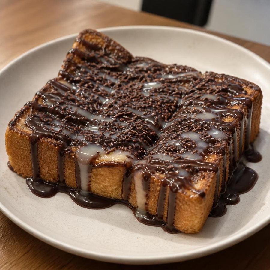 Foto Roti Bakar Cokelat Es Teler 77 dengan susu kental manis dan cokelat