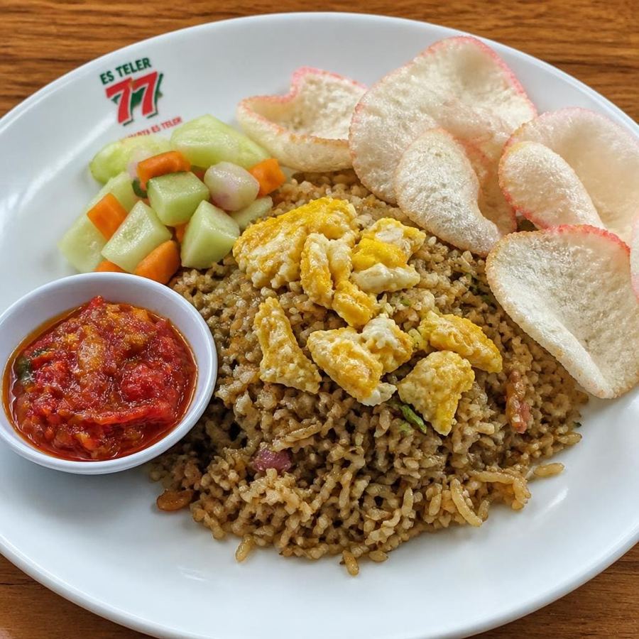 Foto Nasi Goreng Kecombrang Es Teler 77 dengan telur orak-arik dan acar
