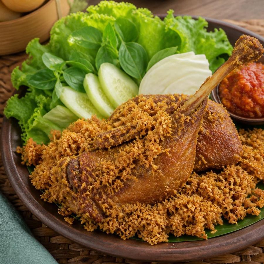 Foto Bebek Goreng Kremes Es Teler 77 dengan lalapan