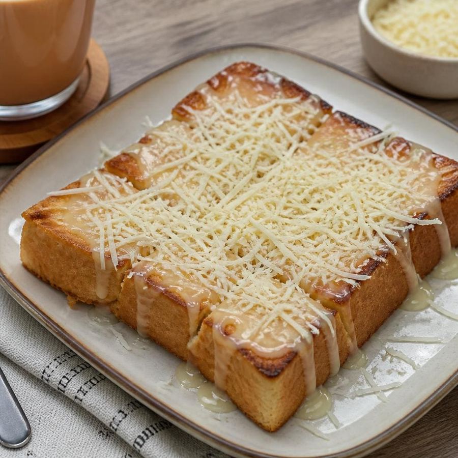Foto Roti Bakar Keju Es Teler 77 dengan susu kental manis dan keju parut