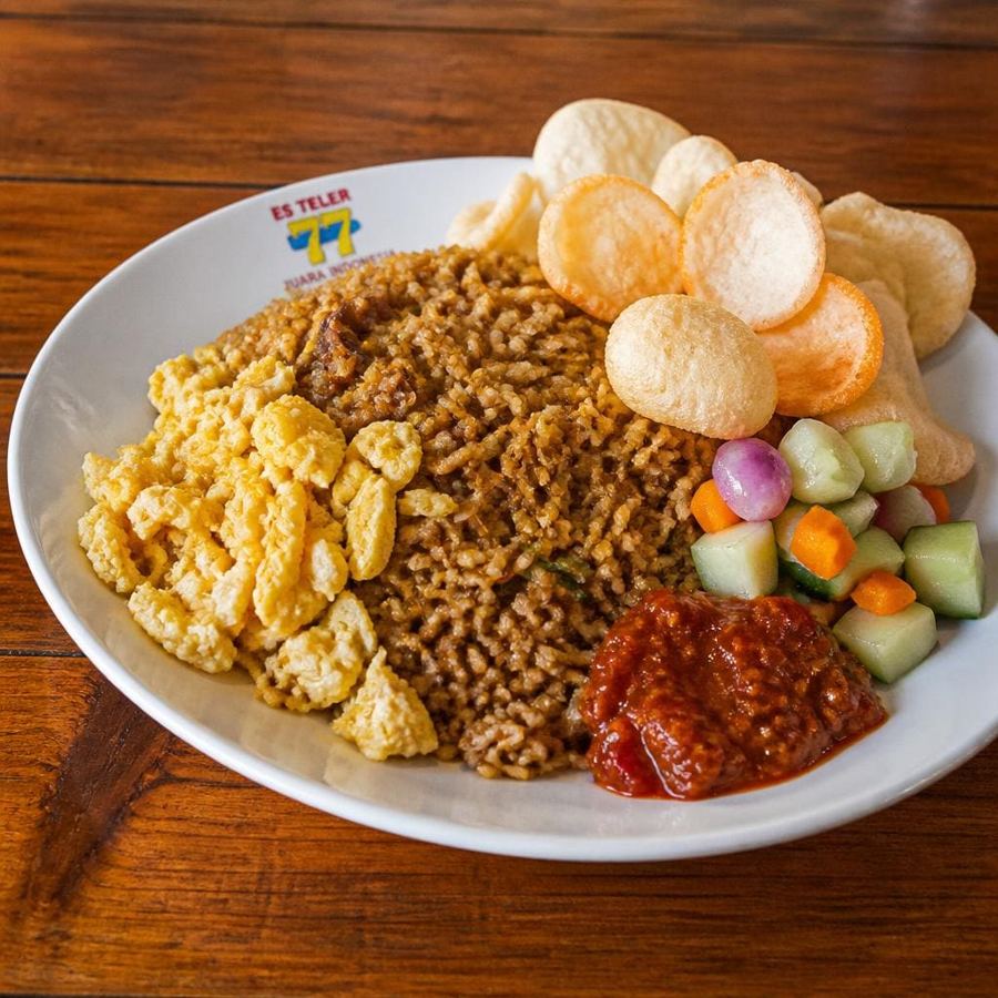 Foto Nasi Goreng Sambal Terasi Es Teler 77 dengan telur orak-arik dan acar