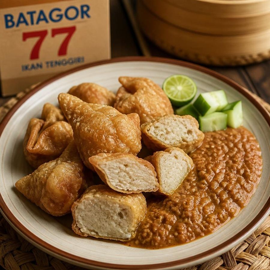 Foto Batagor 77 Es Teler 77 dari ikan tenggiri dengan bumbu pelengkap