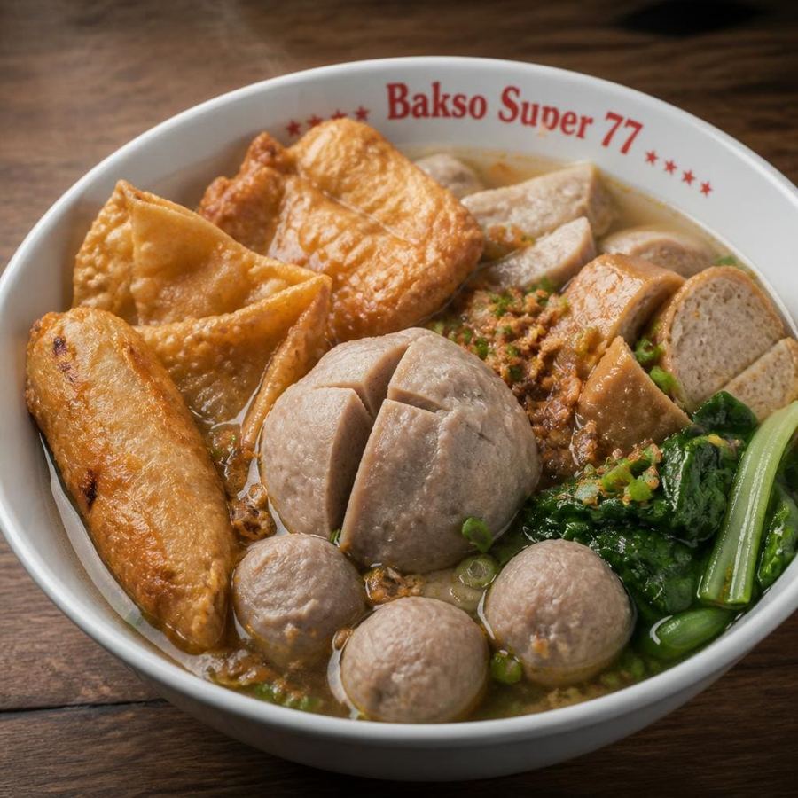 Foto Bakso Super 77 Es Teler 77 dengan bakso sapi dan pelengkap
