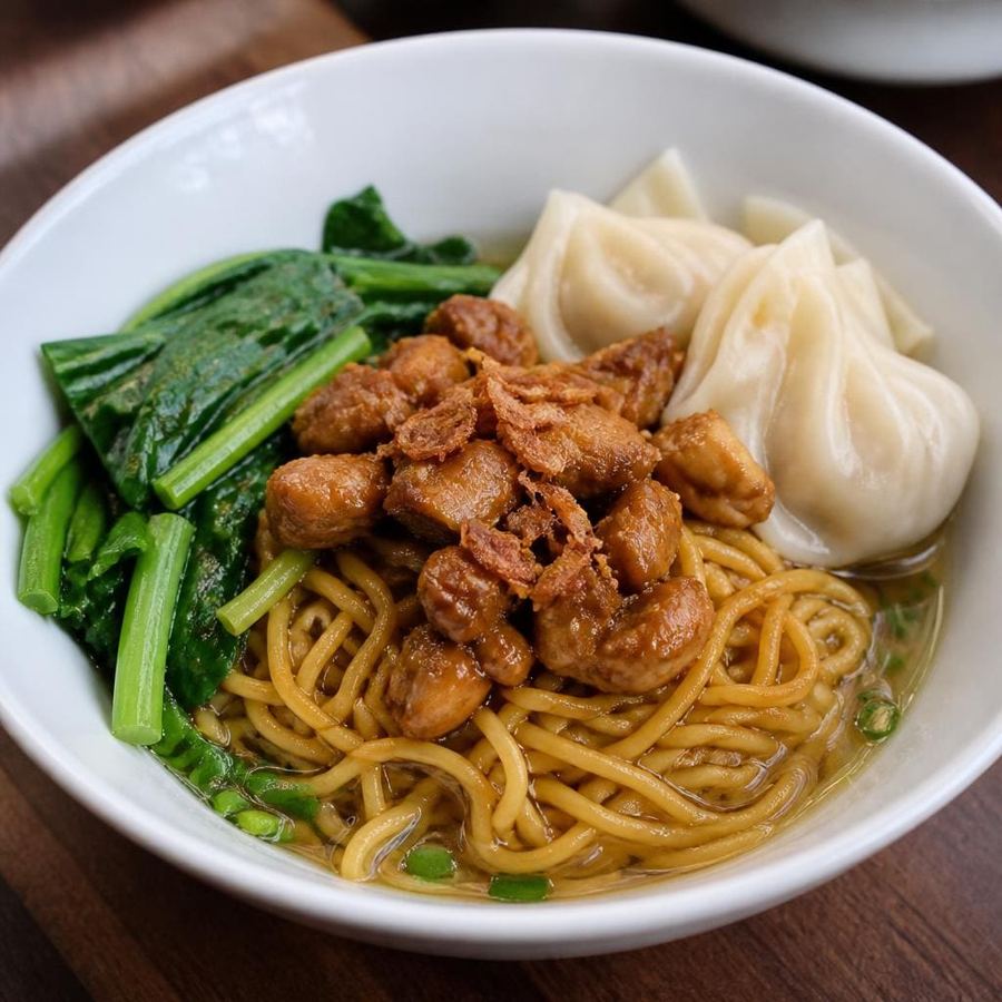 Foto Mie Ayam Pangsit Rebus Es Teler 77 dengan pangsit rebus dan kuah