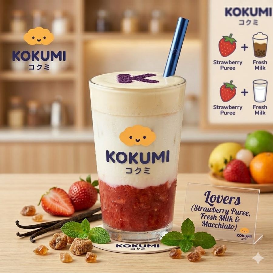 Foto Lovers – Strawberry puree dengan fresh milk dan macchiato