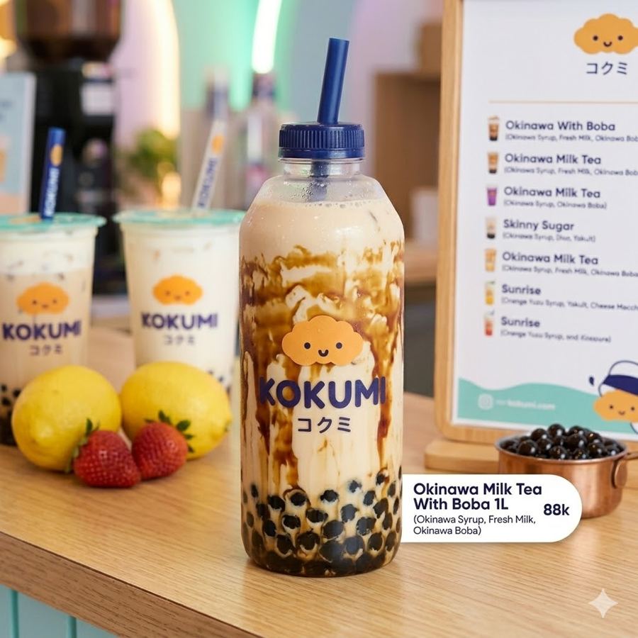 Foto Okinawa Milk Tea With Boba 1L – Milk tea dengan boba ukuran 1 liter
