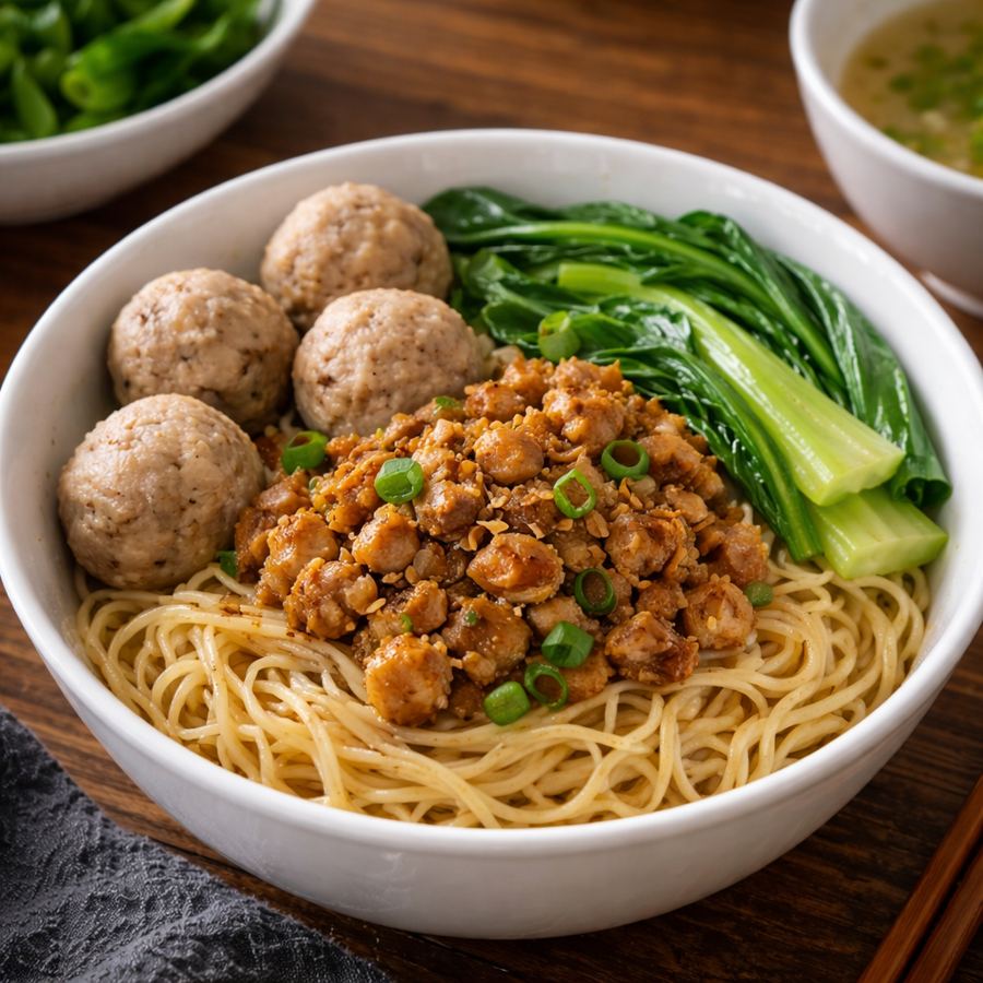 Foto Mie Ayam Bakso dengan bakso kenyal dan kuah kaldu gurih