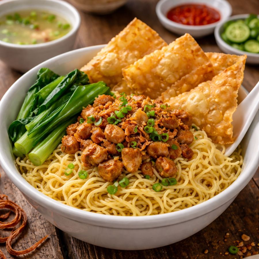 Foto Mie Ayam Pangsit dengan tambahan pangsit gurih dan kuah hangat