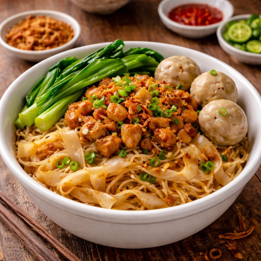 Foto Kwetiaw Ayam Bakso dengan bakso kenyal dan kuah gurih