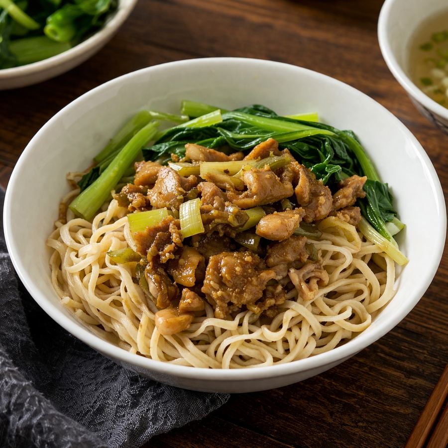Foto Mie Ayam Biasa dengan topping ayam dan sayuran segar