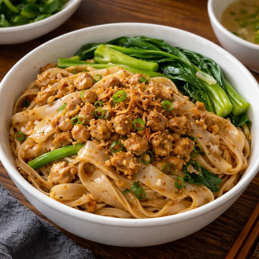 Foto Kwetiaw Ayam Biasa dengan topping ayam dan sayuran segar