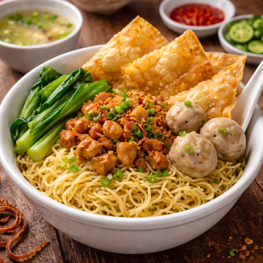 Foto Mie Ayam Bakso dan Pangsit kombinasi lengkap dengan topping melimpah