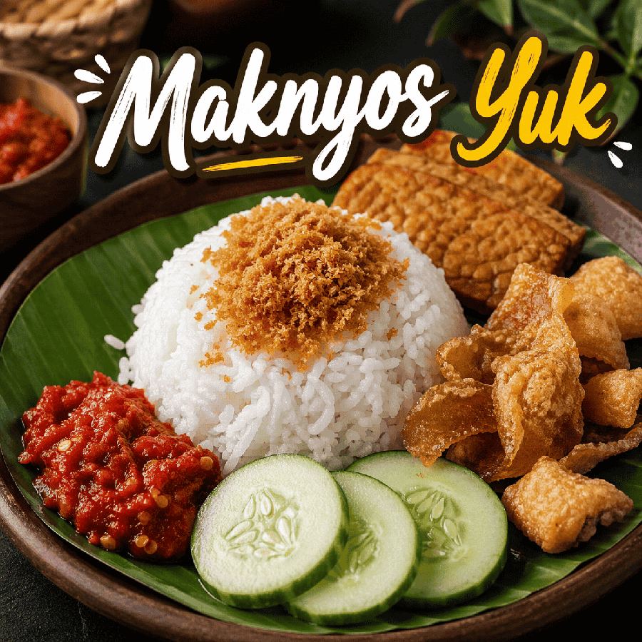 Foto Maknyos Yuk dengan nasi, kulit ayam crispy, dan sambal