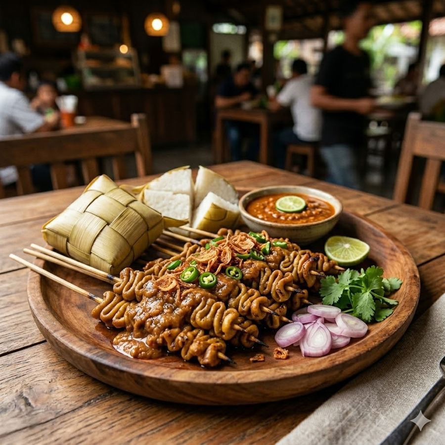 Foto Sate usus padang dengan kuah kental dan lontong