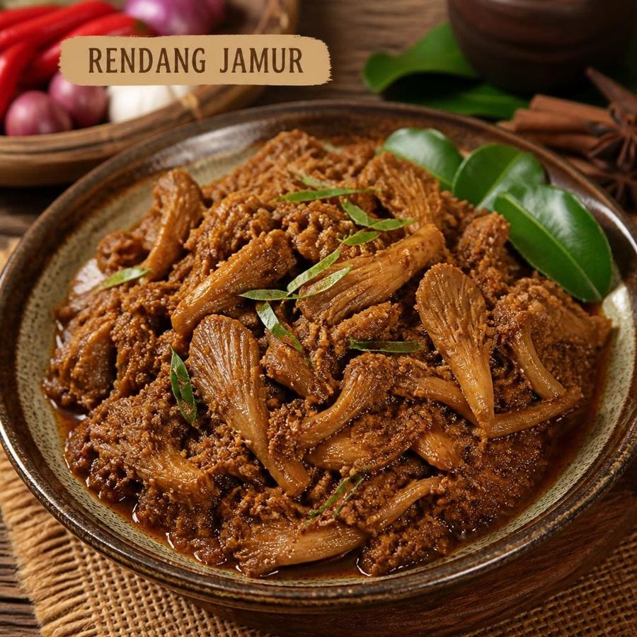 Foto Rendang Jamur Te Sate dengan bumbu rempah gurih dan tekstur jamur lembut