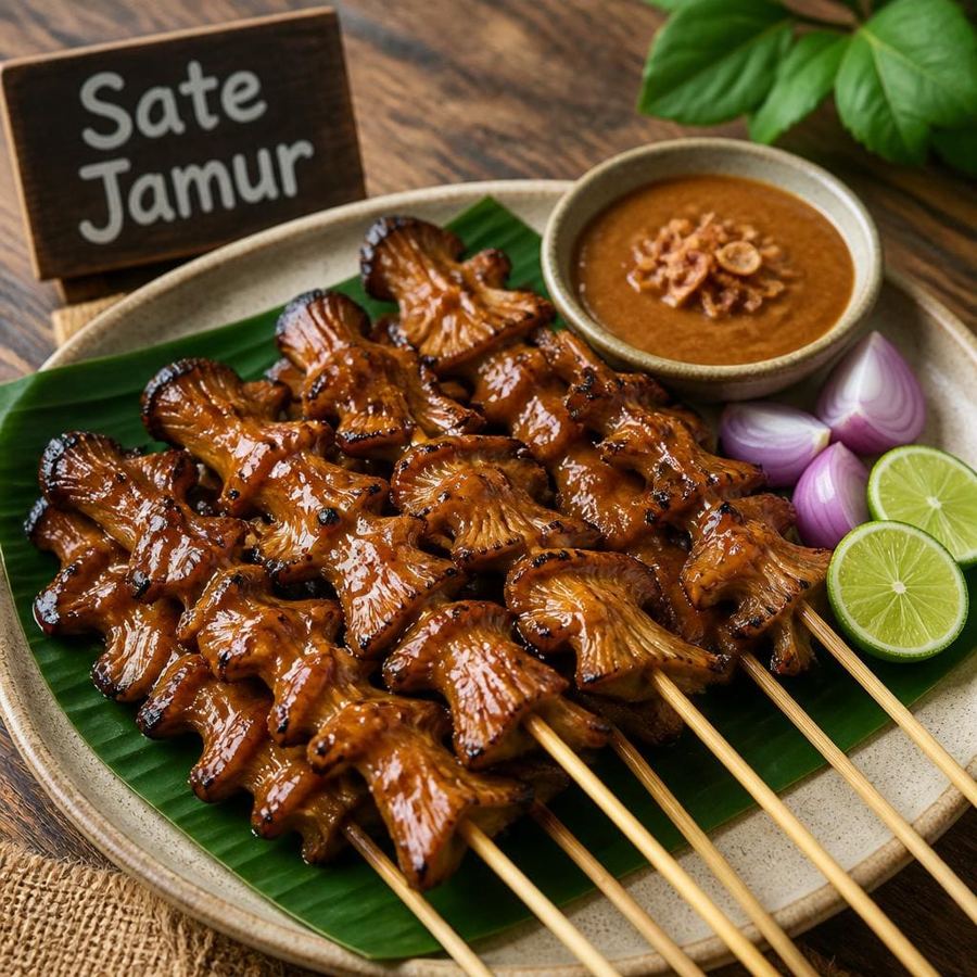 Foto Sate Jamur Te Sate dengan tekstur jamur lembut dan bumbu gurih