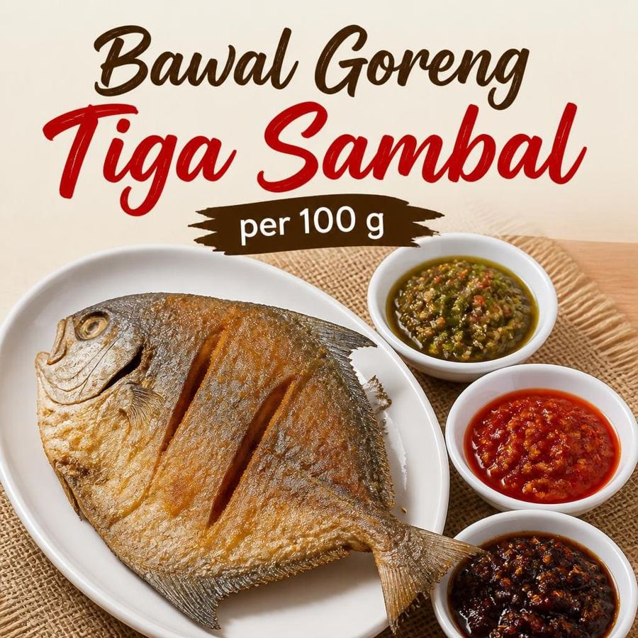 Foto Bawal Goreng Tiga Sambal per 100 g Te Sate dengan pilihan sambal khas