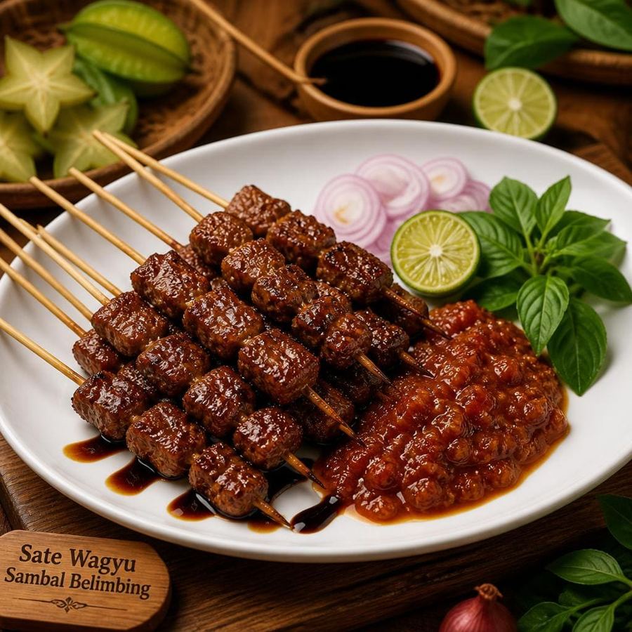 Foto Sate Wagyu Sambal Belimbing Te Sate dengan daging wagyu dan sambal belimbing segar