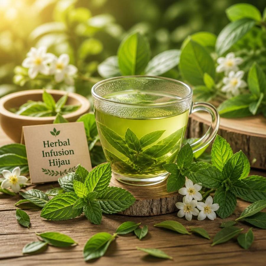 Foto Herbal Infusion Hijau Te Sate dengan warna hijau dan rasa herbal ringan