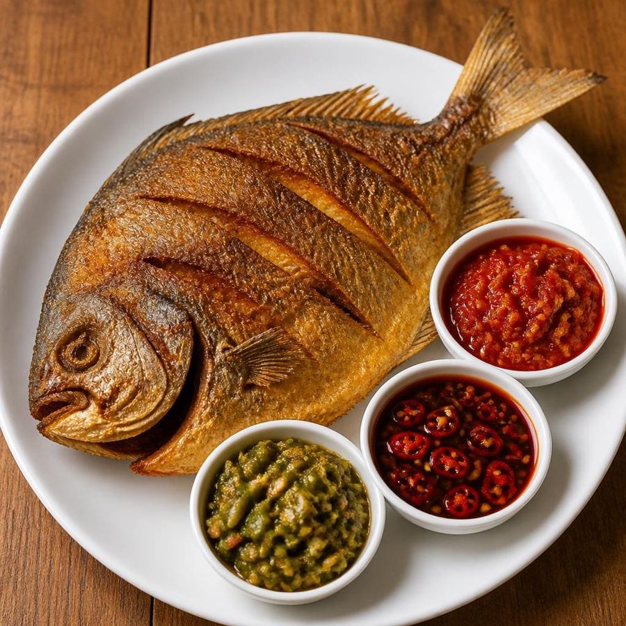 Foto Bawal Goreng 3 Sambal 600 gr Te Sate dengan ikan goreng dan pilihan sambal khas