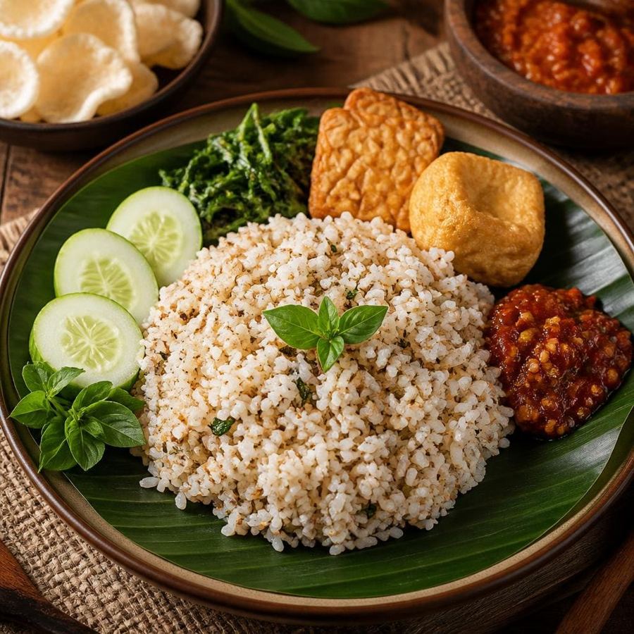 Foto Nasi Tutug Te Sate dengan nasi berbumbu gurih dan pelengkap khas