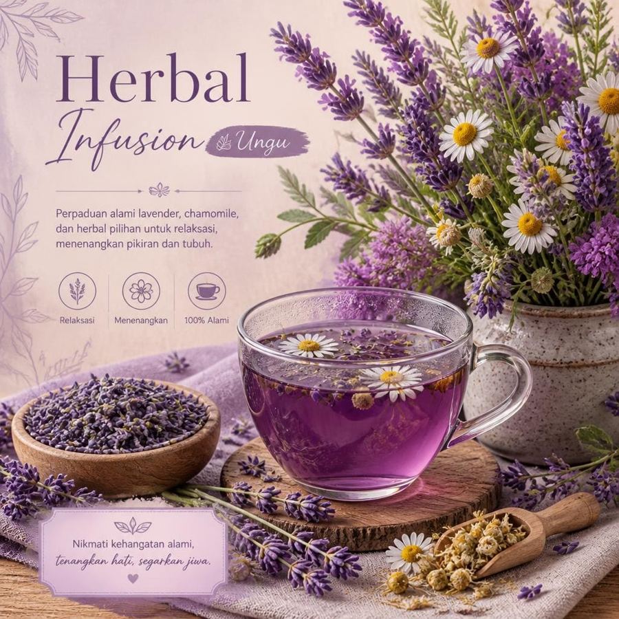 Foto Herbal Infusion Ungu Te Sate dengan warna ungu segar dan aroma herbal khas