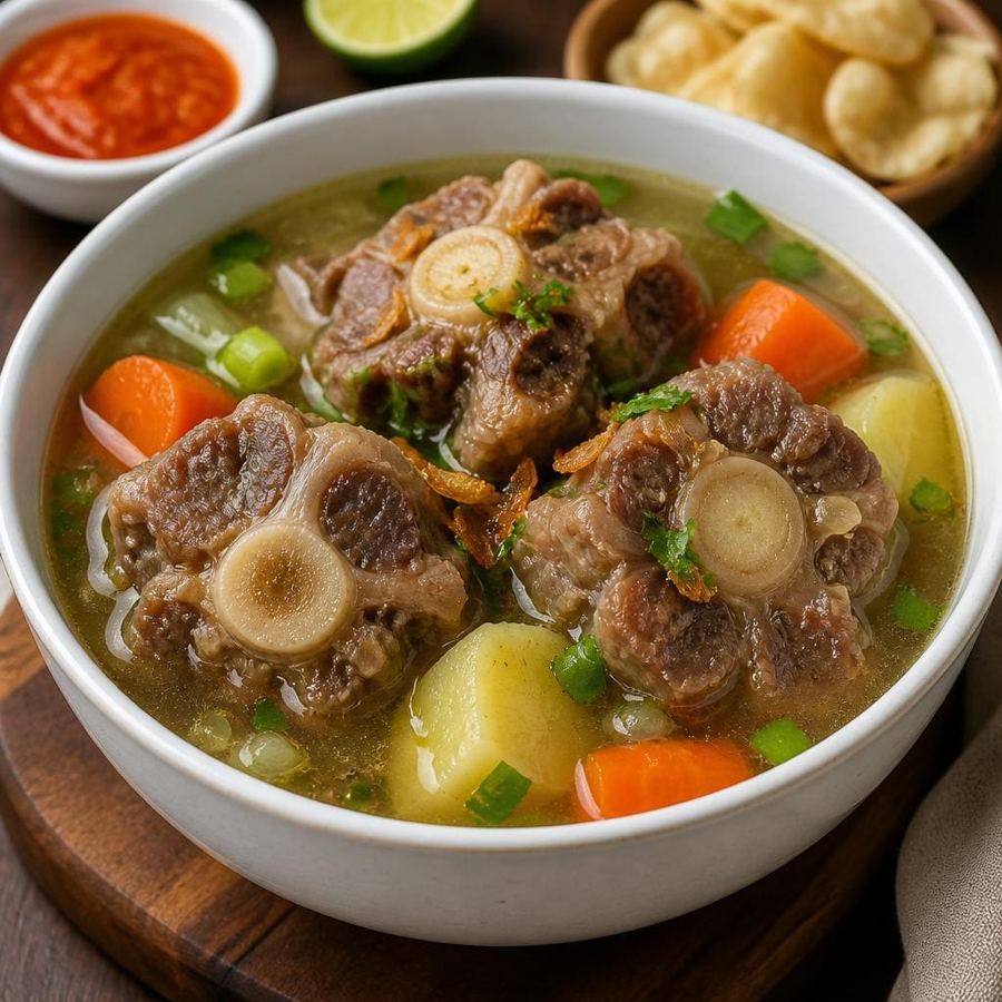 Foto Sop Buntut Te Sate dengan kuah hangat dan potongan buntut sapi empuk