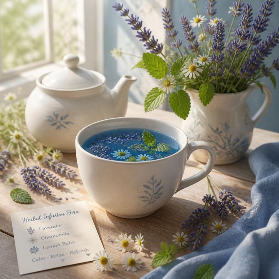 Foto Herbal Infusion Biru Te Sate dengan warna biru segar dan aroma herbal khas